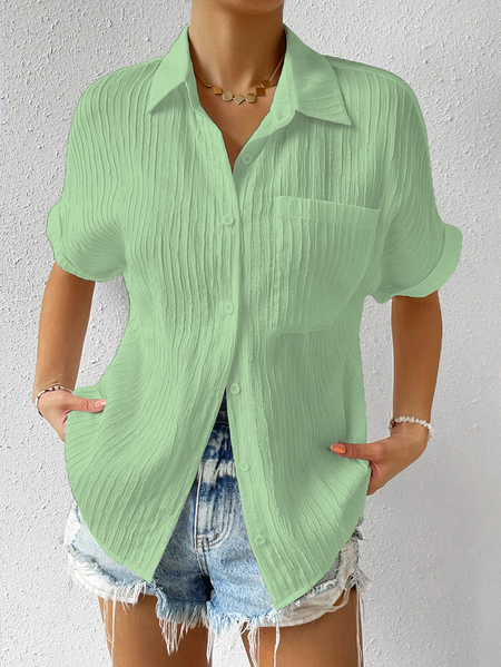 

Women Elegant Plain Shirt Collar Pocket Buttoned Down Loose Short Sleeve Blouse, Green, Blouses & Shirts
