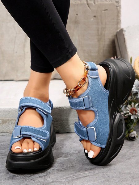 Women Hook-and-loop Fastener Flatform Sport Sandals, Denim blue, Sandals