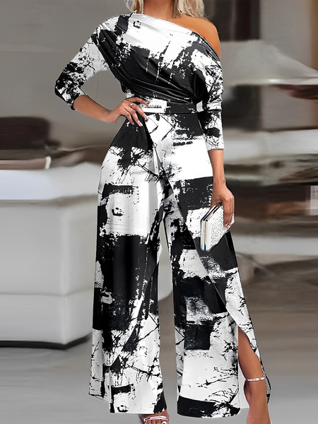 Casual Loose Geometric Cold Shoulder Jumpsuit, Black-white, Jumpsuits&Rompers
