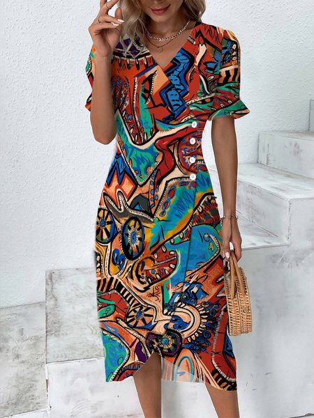 Regular Fit Abstract Ruched Casual Dress, Red, Casual Dresses