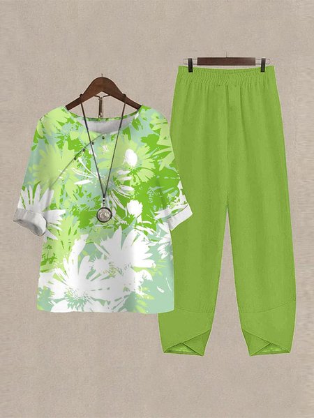 Leaf Casual V Neck Two-Piece Set, Green, Suit Set