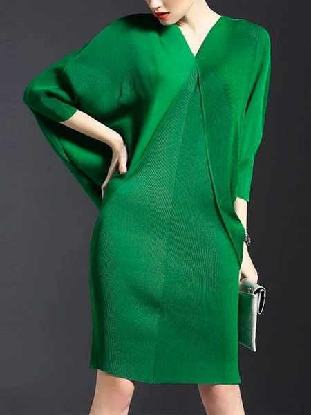 Loose V Neck Urban Mini Dress With No Belt, Green, Mini Dresses