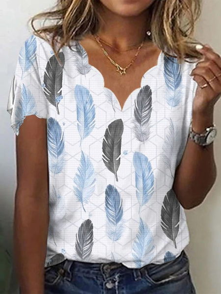Feather V Neck Casual Loose T-Shirt, White, T-Shirts