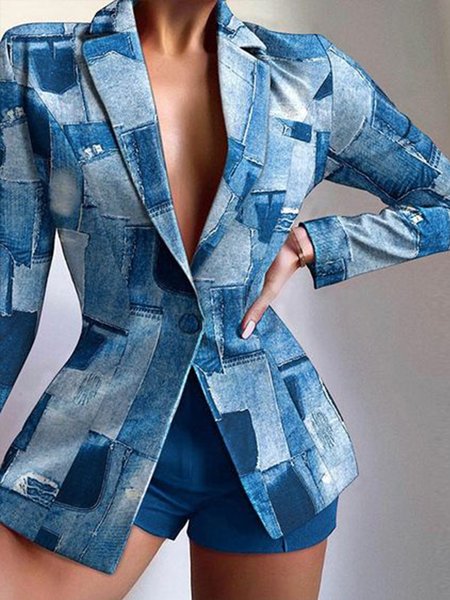 Urban Lapel Collar Geometric Regular Fit Blazer, Blue, Blazers
