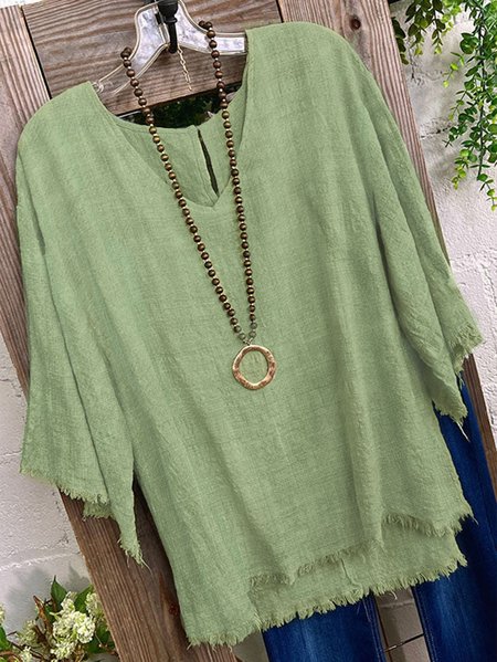 Plain Casual V Neck Loose Shirt, Green, Shirts & Blouses