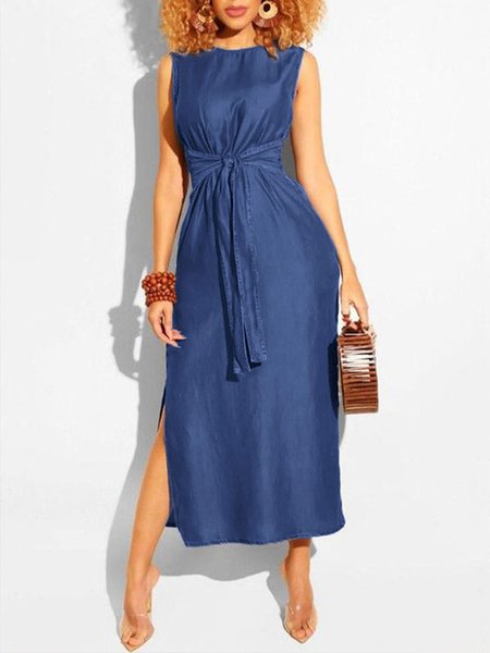 Midi Crew Neck Casual Denim Denim Dress, Blue, Midi Dresses