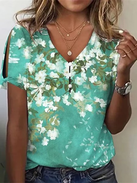 V Neck Loose Casual Floral T-Shirt, Green, T-Shirts