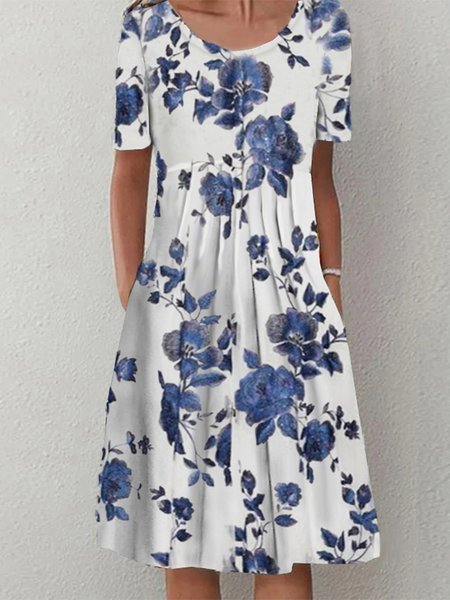 Casual Crew Neck Ruched Dress, Blue, Dresses