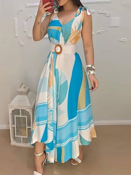 V Neck Regular Fit Geometric Vacation Dress With Belt, Blue, Midi Dresses