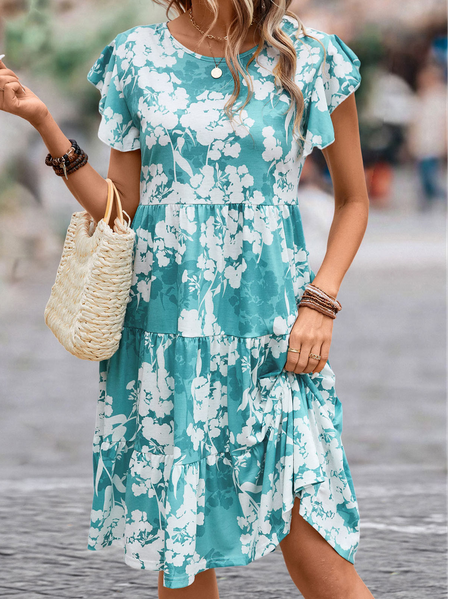 Crew Neck Floral Loose Casual Ruffled Sleeves Dress, Blue, Casual Dresses