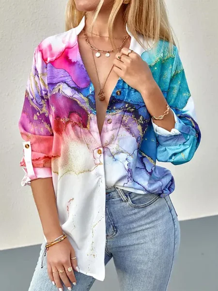 

Gradient Pattern Stand Collar Urban Loose Blouse, As picture, Blouses and Shirts