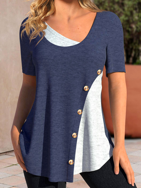 Crew Neck Casual Color Block T-Shirt, Navy blue, T-Shirts