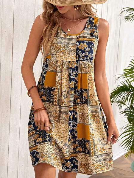 

Casual Loose Ethnic Scoop Neck Dress, Yellow, Casual Dresses