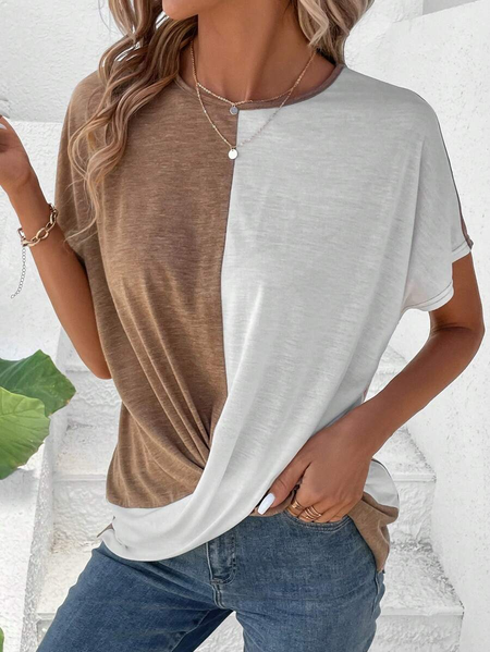 Casual Crew Neck Color Block T-Shirt, Tan, T-Shirts