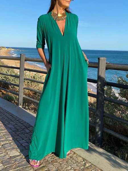Urban Plain Loose V Neck Jumpsuit, Green, Jumpsuits