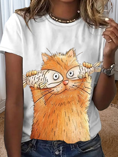 Cat Simple Crew Neck Loose T-Shirt, White, T-shirts
Cat Simple Crew Neck Loose T-Shirt, White, T-shirts