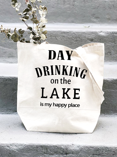 Day Drinking On The Lake Is My Happy Place Shopping Tote, White, Bags