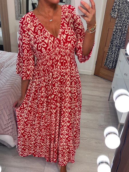 Womens Loose Frill Sleeve Vacation Maxi Dresses, Red, Casual Dresses