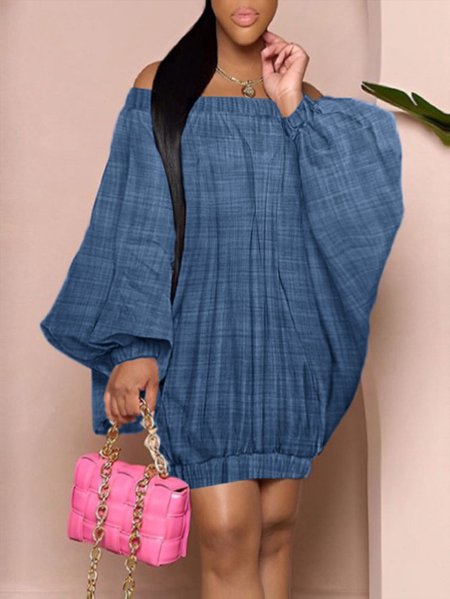 Loose Plain Boat Neck Faux Denim Dress, Blue, Mini Dresses