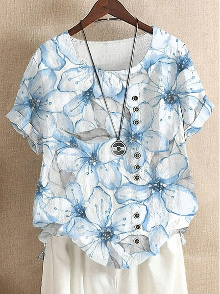 Loose Casual Floral Crew Neck Shirt, White, Shirts & Blouses