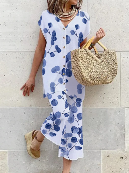 Casual Floral Loose Two-Piece Set, White, Suit Set