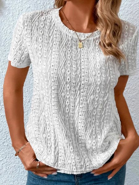 Plus size Plain Casual Loose Crew Neck Shirt, White, Shirts & Blouses