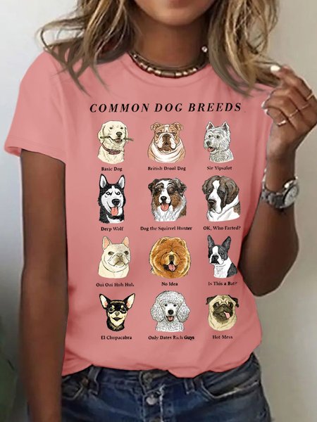 Women Casual Cotton COMMON DOG BREEDS T-Shirt, Pink, T-shirts
