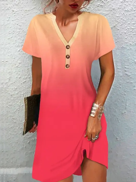 V Neck Ombre Casual Loose Dress With No Belt, Red, Dresses