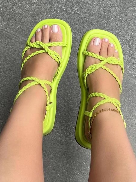 Vacation Woven Straps Beach Sandals, Yellow, Sandals