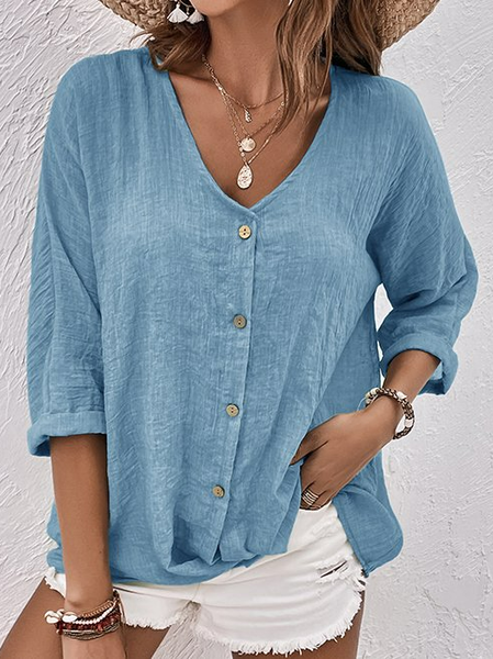 V Neck Cotton-Blend Linen Plain Blouse, Blue, Shirts & Blouses