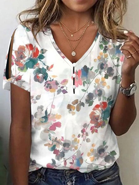 V Neck Floral Casual Shirt, White, T-Shirts