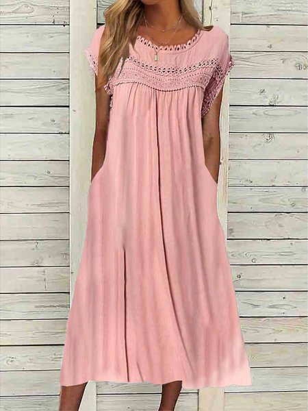 Womens Casual Loose Crew Neck Dresses, Pink, Dresses