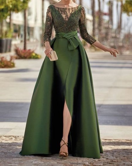 Regular Fit Crew Neck Elegant Party Dress, Green, Maxi Dresses