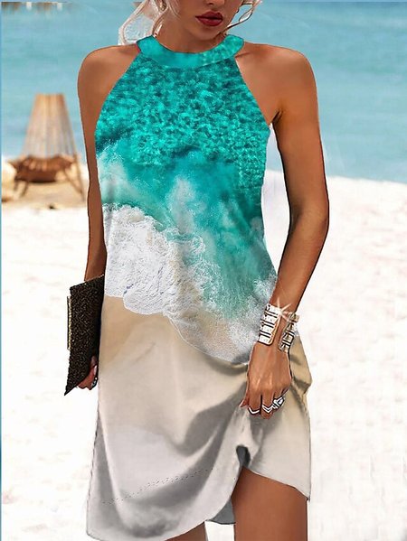 Loose Casual Gradient Pattern Sea Dress, Green, Dresses