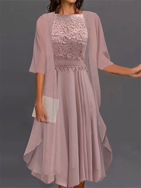 Crew Neck Loose Chiffon Elegant Two-Piece Set, Pink, Formal Dresses