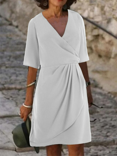 Loose V Neck Casual Dress With No Belt, White, Dresses