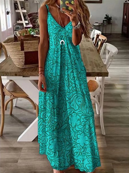 Loose Spaghetti Floral Casual Dress, Green, Dresses
