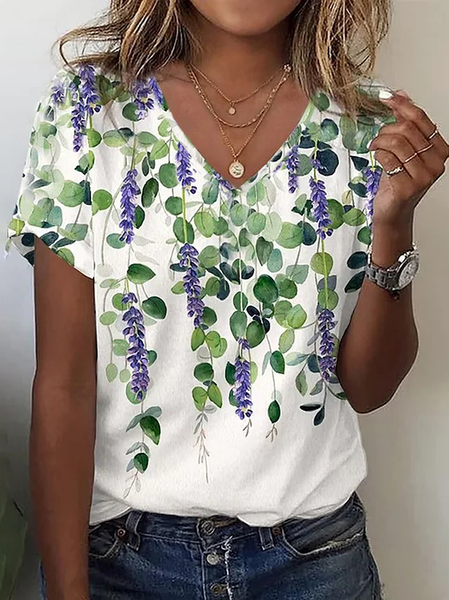 Floral V Neck Casual T-Shirt, Green, T-Shirts