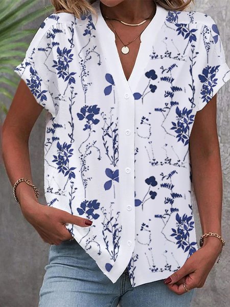 Floral Loose Casual V Neck Blouse, Blue, Shirts & Blouses 
Floral Loose Casual V Neck Blouse, Blue, Shirts & Blouses