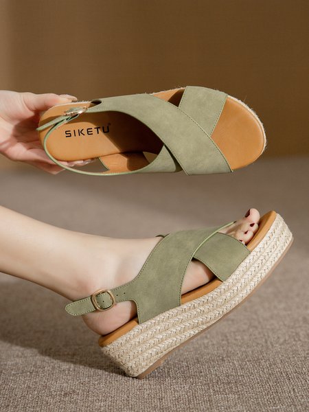 

Vacation Simple Plain Cross Straps Straw Wedge Sandals, Green, Wedges