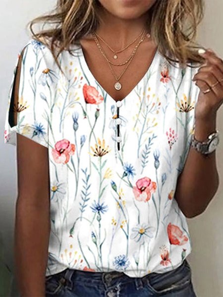 V Neck Loose Floral Casual T-Shirt, White, T-Shirts