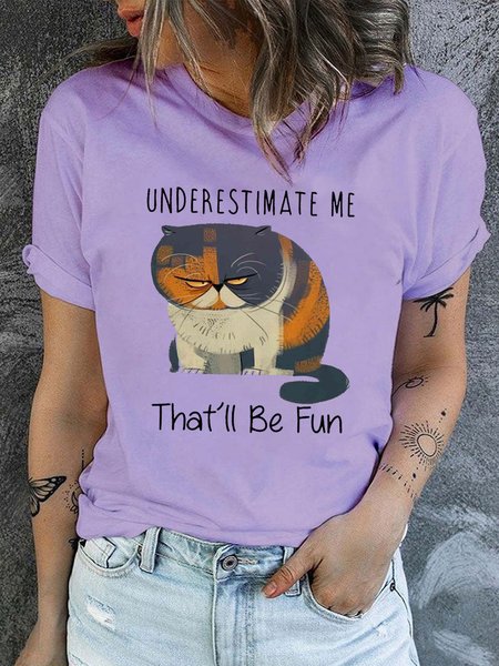 

Women's Underestimate Me That’ll Be Fun Grumpy Cat Casual Letters T-Shirt, Purple, T-shirts