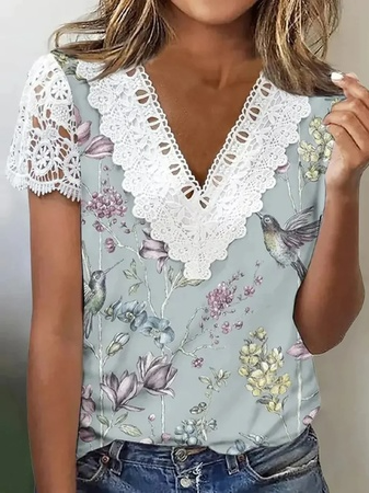 V Neck Loose Casual Floral Shirt, Green, Shirts & Blouses