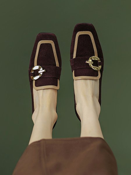 Women's Fashion Retro Metal Buckle Square Toe Loafers, Deep brown, Loafers