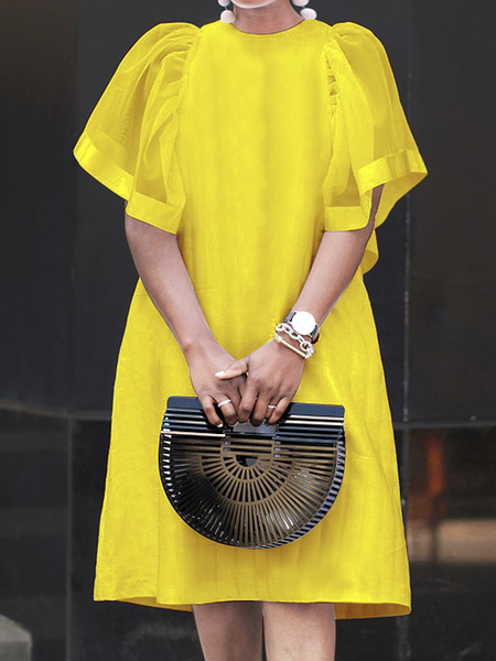 Loose Urban Crew Neck Short sleeve Plain Skirt Dress, Yellow, Dresses