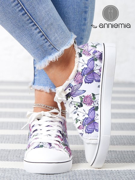 JFN Floral Light Lace Up Canvas Sneakers, As picture, Sneakers