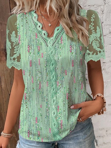 Lace Floral Casual Shirt, Green, Shirts & Blouses