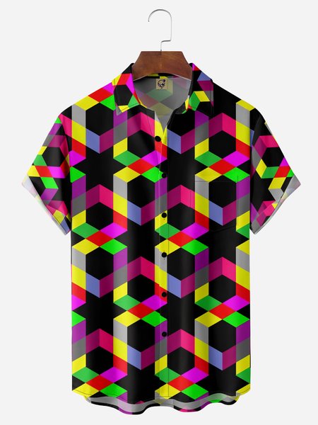 Geometric Chest Pocket Short Sleeve Casual Shirt, Black, Men Shirts