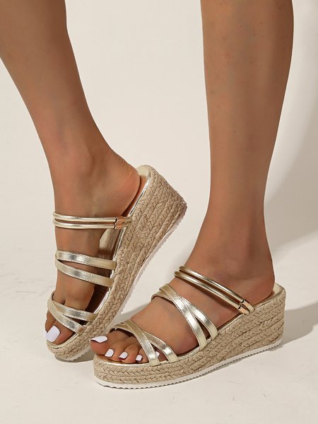 Gold Cross Strap Espadrille Wedge Sandals, Golden, Sandals