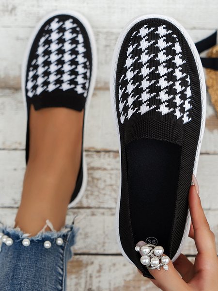 Houndstooth Breathable Slip On Flyknit Sneakers, Black, Sneakers